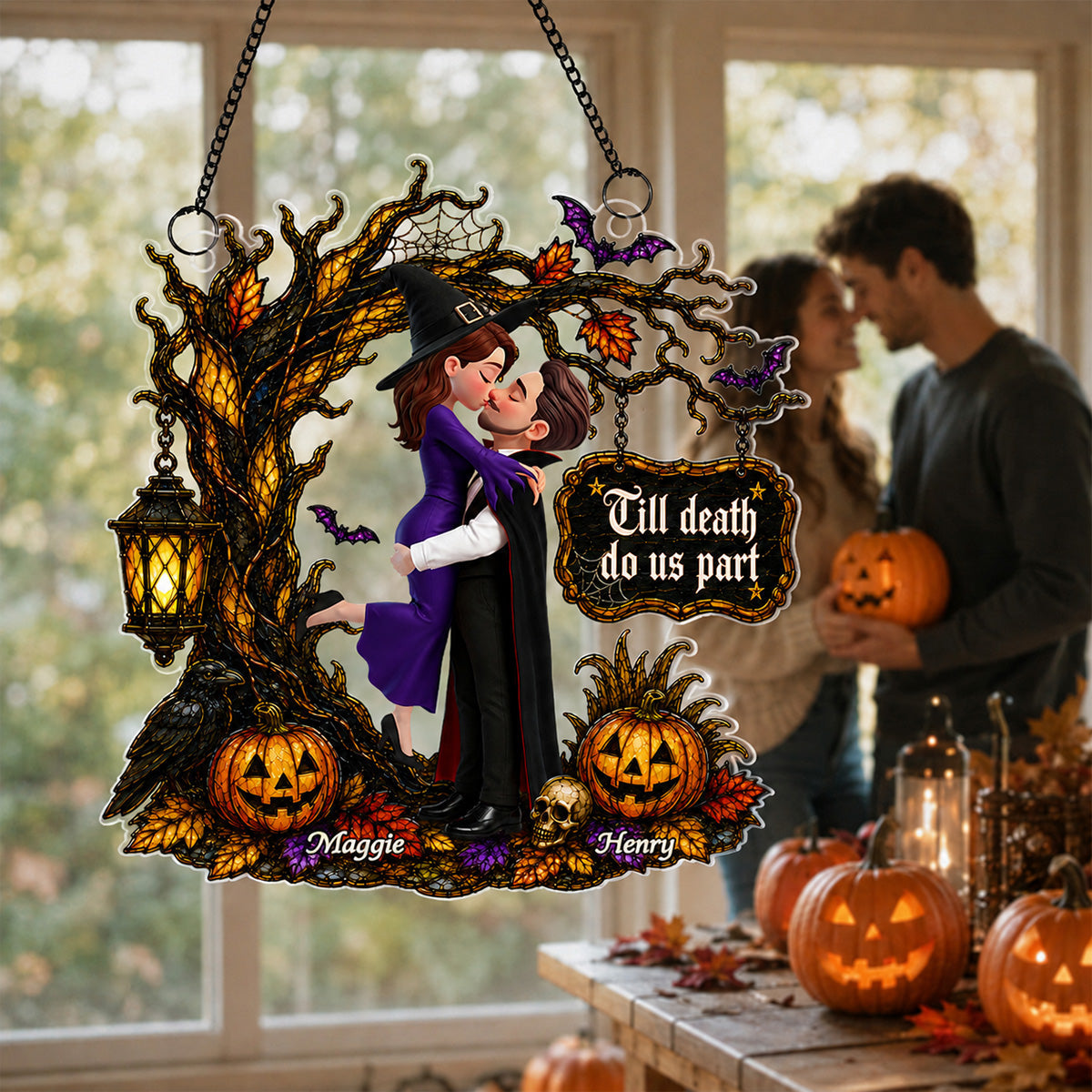 Couple Hugging Under Spooky Halloween Tree 2D Flat - Personalized Acrylic Window Hanger - Halloween Decor For Couple