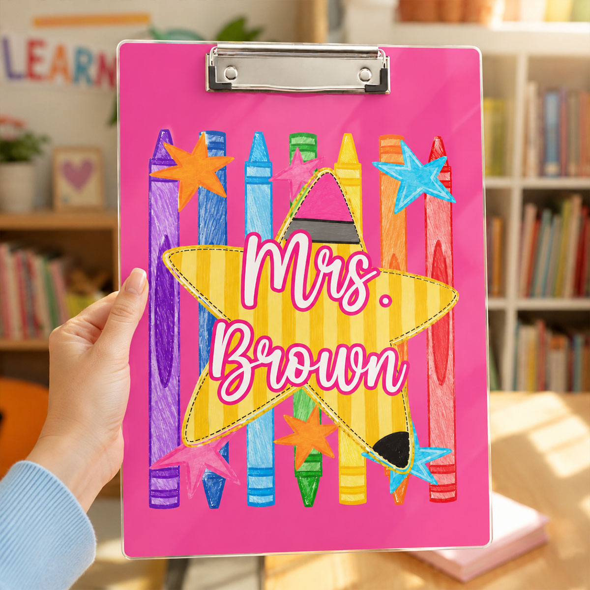 Colorful Crayon Striped Teacher Custom Name - Personalized Clipboard - Teacher Appreciation, Back To School Gift For Teachers, Colleagues