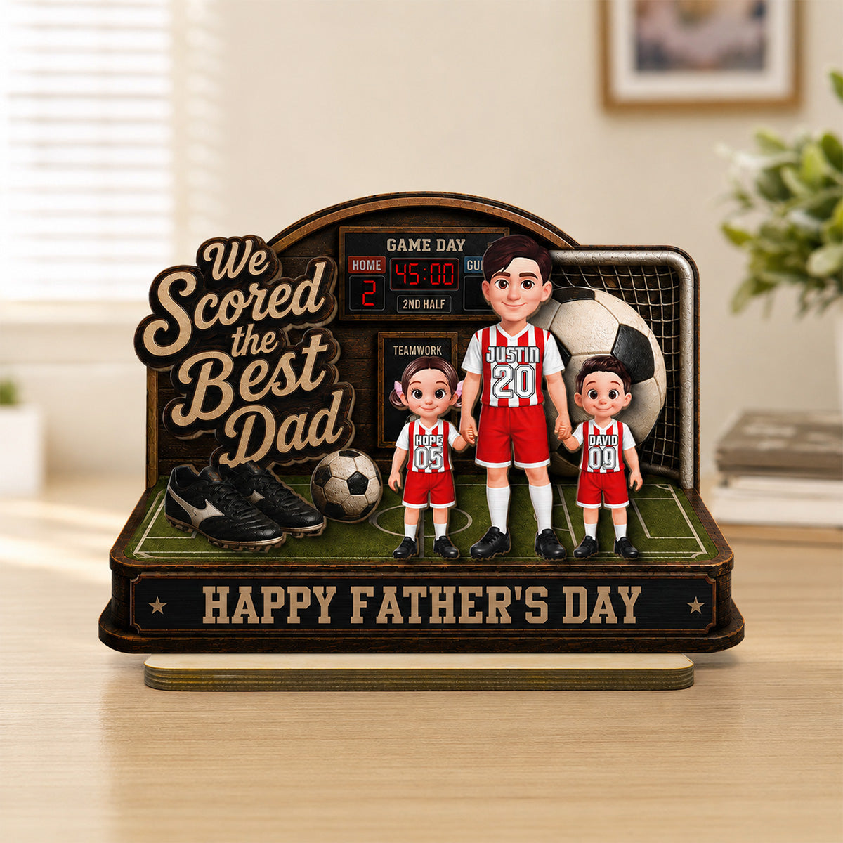 Soccer Dad & Kids On Court 2D Flat - Personalized 2-Layered Wooden Plaque -  Gift For Soccer Dad, UK Football Dad