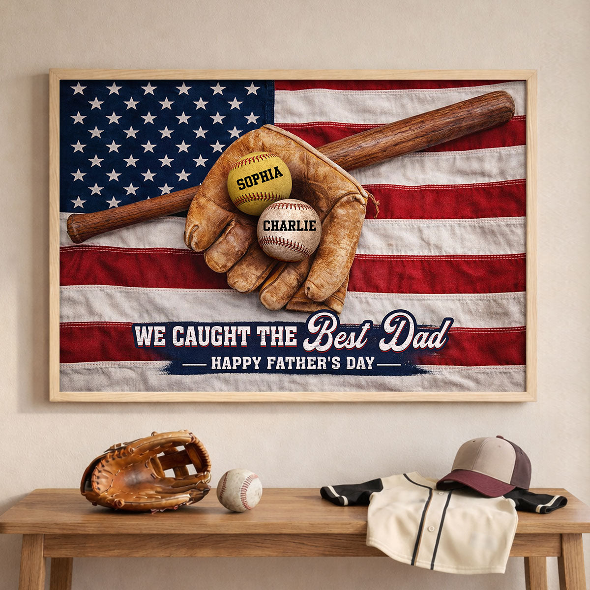 Baseball Nation Flag We Caught The Best Dad - Personalized Poster - Father's Day Gift for Dad, Husband
