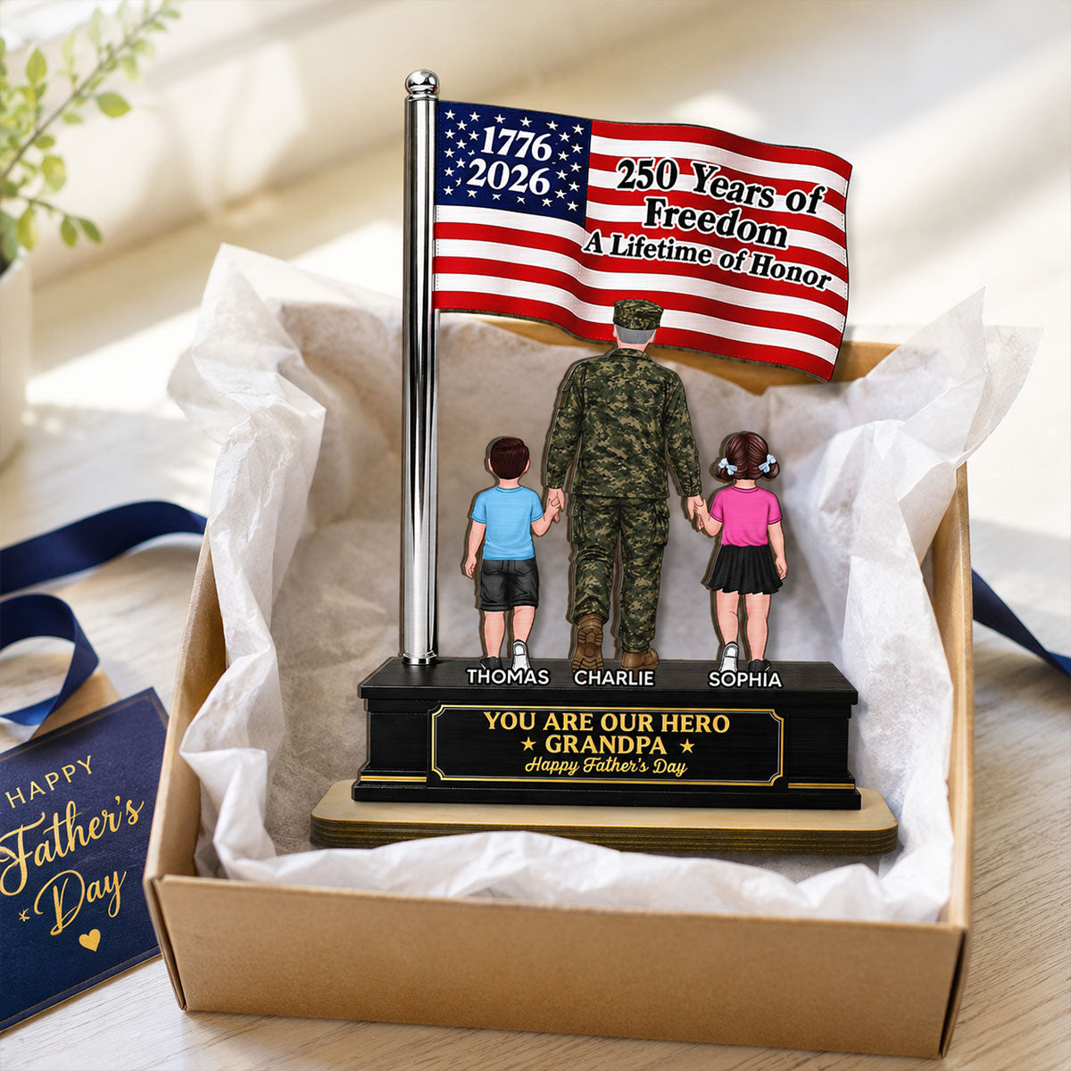 Proud American Military Veteran Grandpa Dad America 250th Anniversary - Personalized 2-Layered Wooden Plaque -  Gift For Dad, Grandpa Husband