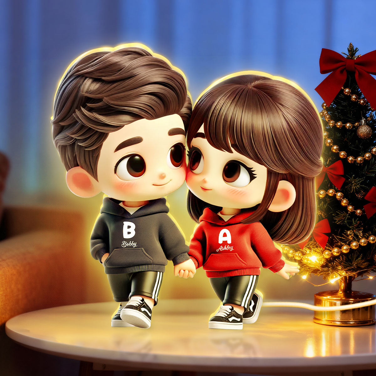 3D Effect Cute Cartoon Couple Holding Hands - Personalized Light Box - Gift for Him, Gift for Her