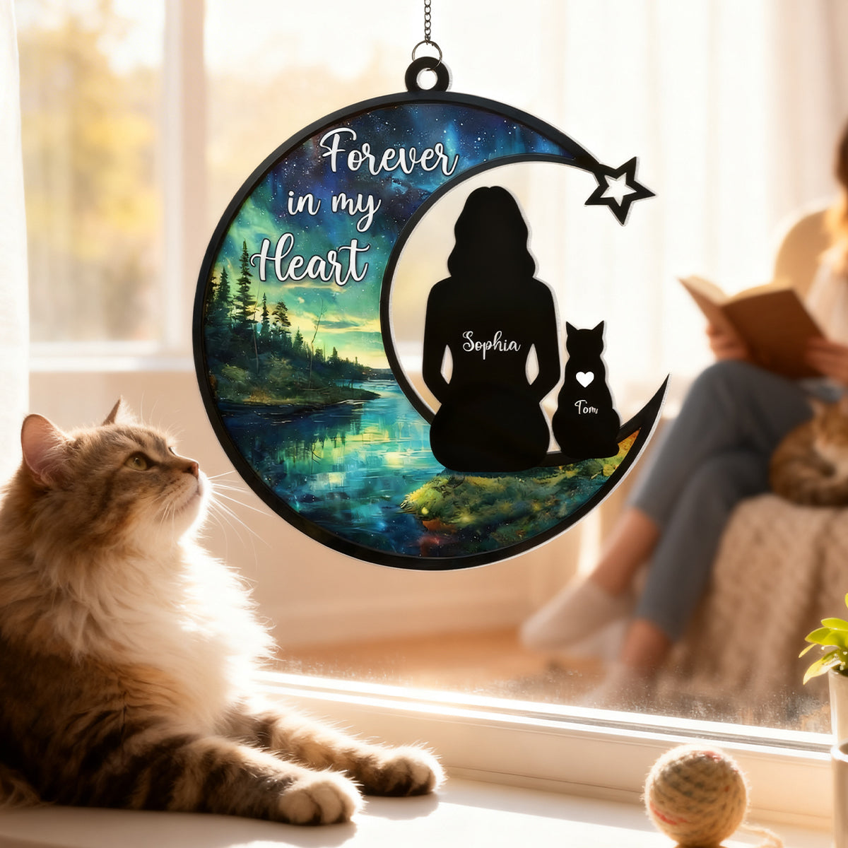 Cat Memorial Forever In My Heart - Personalized Stained Glass Suncatcher Ornament - Gift For Cat Lovers, Cat Mom