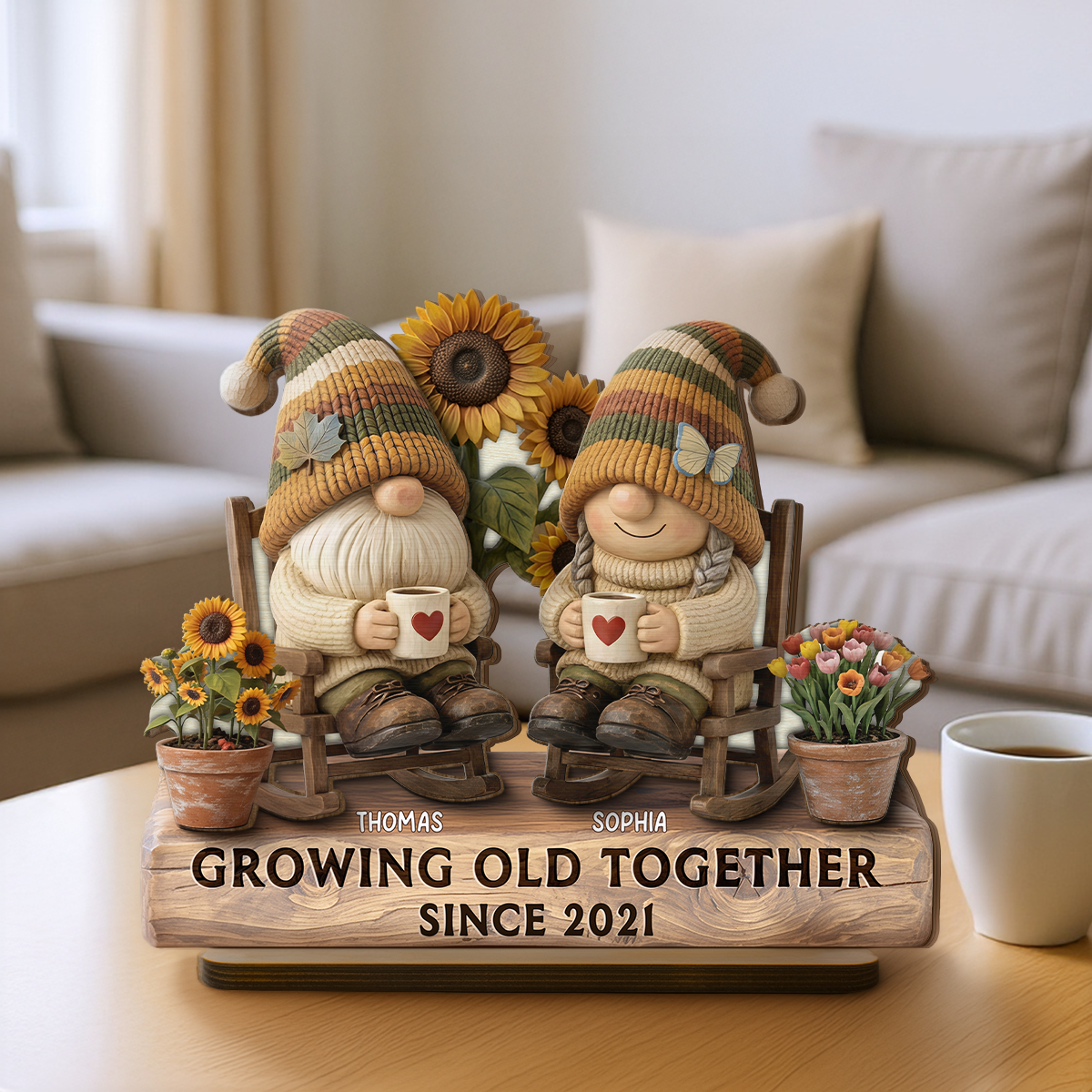 3D Effect Gnome Couple Grow Old Together - Personalized 2-Layered Wooden Plaque - Perfect Valentine's Day Gift For Him, Gift For Her