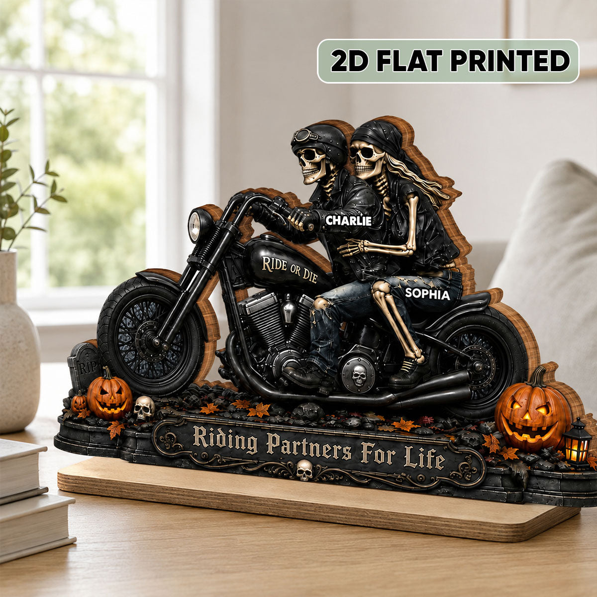 Riding Partners For Life Skeleton Couple - Personalized 2-Layered Wooden Plaque - Halloween Decor Gift, Gift For Couple