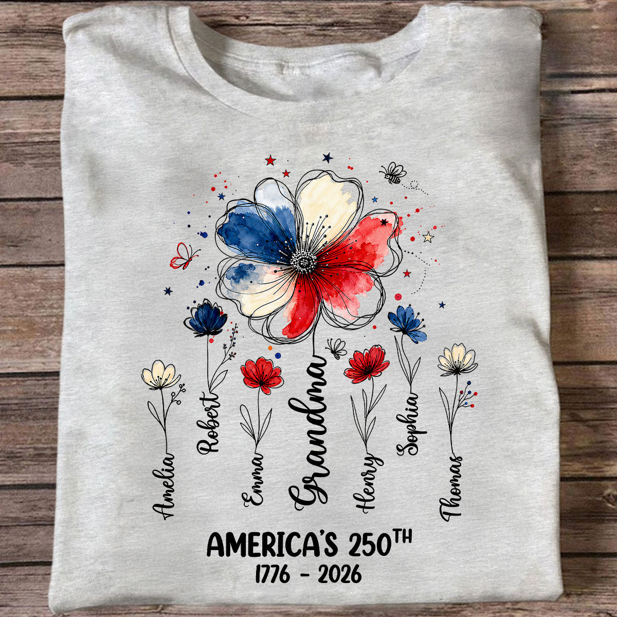 Proud Mom Grandma Flowers American 250th Anniversary - Personalized Shirt - Gift For Mom, Grandma