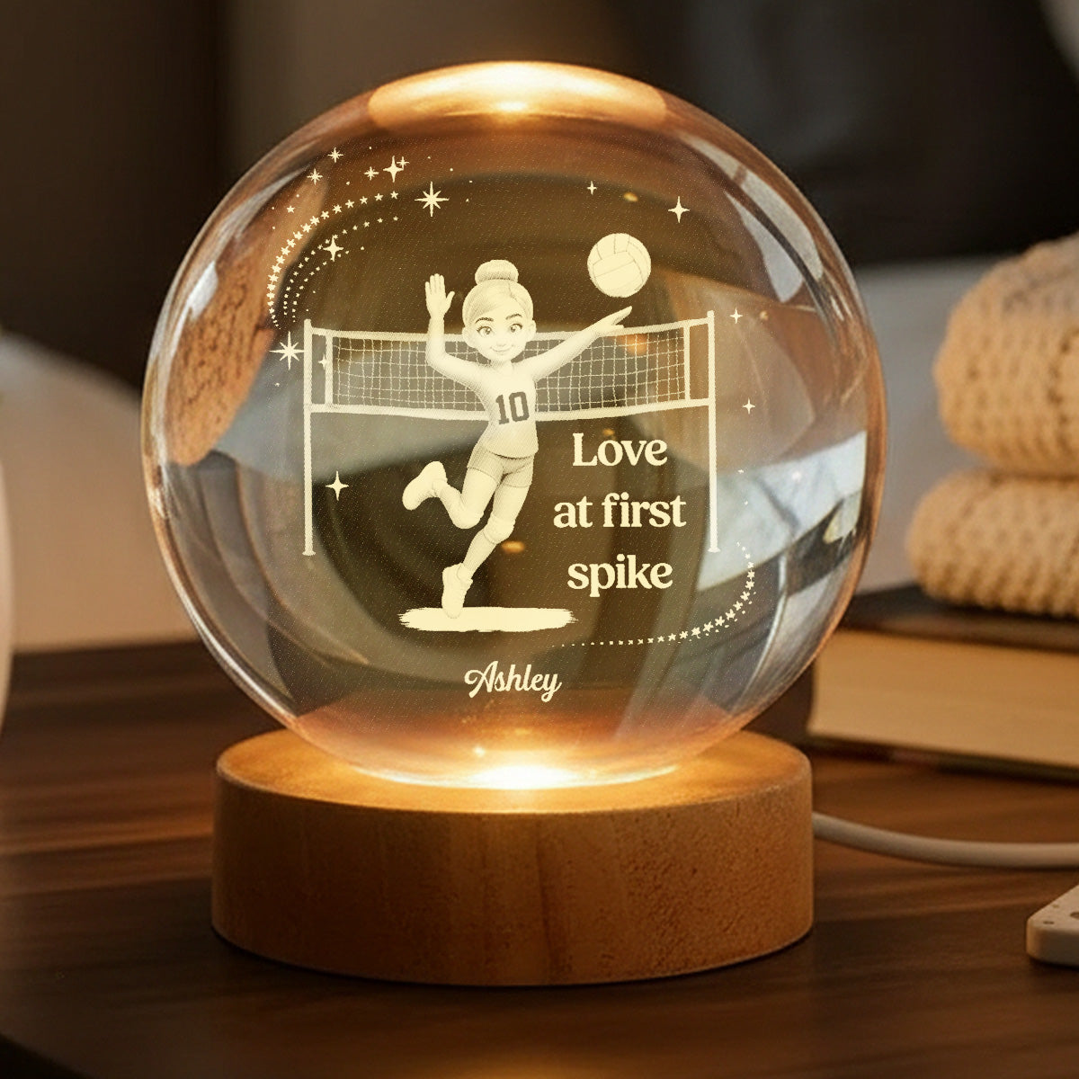 Love At First Spike Volleyball Player - Personalized Crystal Ball LED Night Light - Gift For Volleyball Players