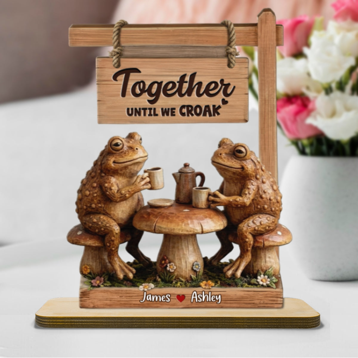 3D Effect Toad Couple In Garden Together Until We Croak - Personalized 2-Layer Wooden Plaque - Gift For Him, Gift For Her