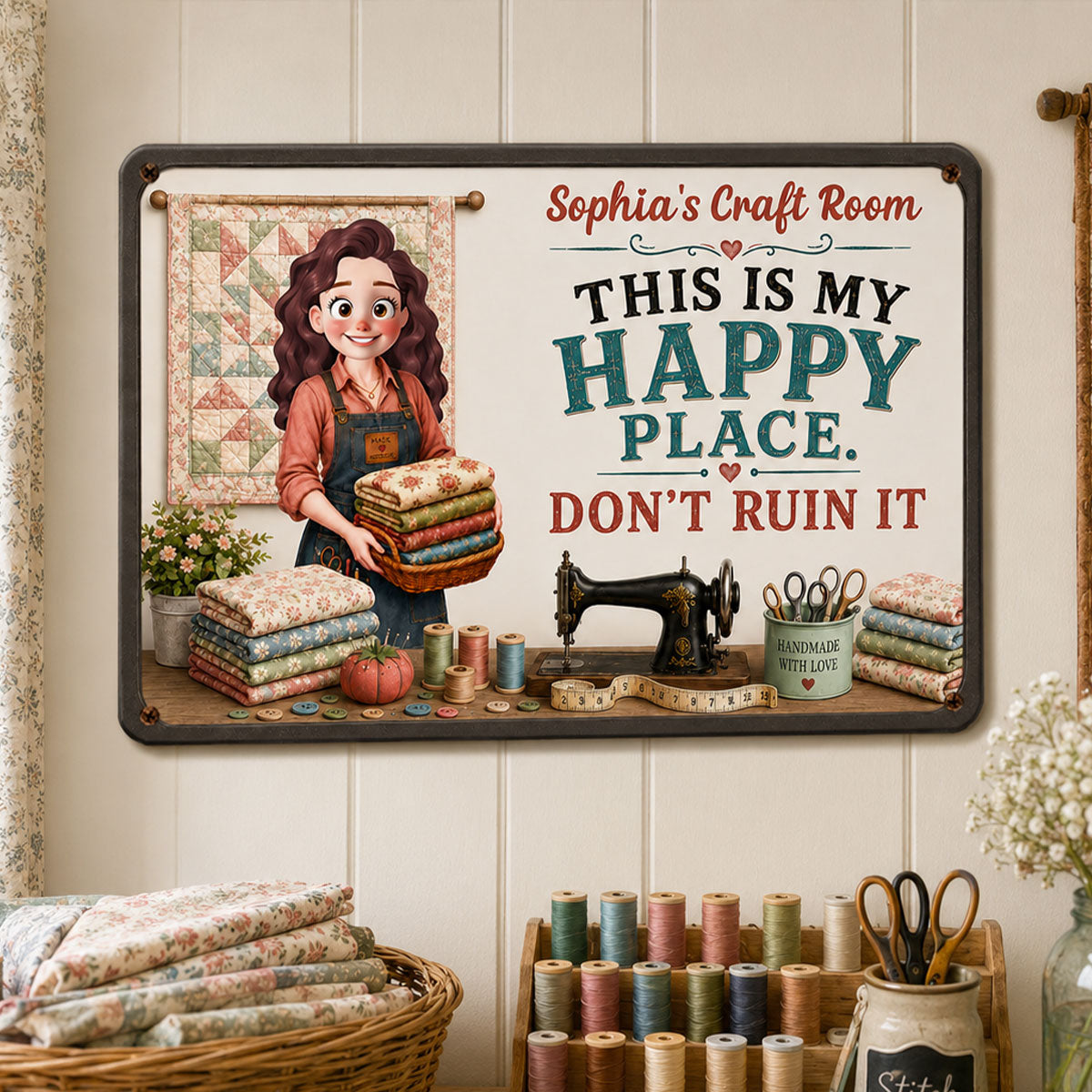 This Is My Happy Place Don't Ruin It Sewing Girl - Personalized Metal Sign - Craft Room Decor