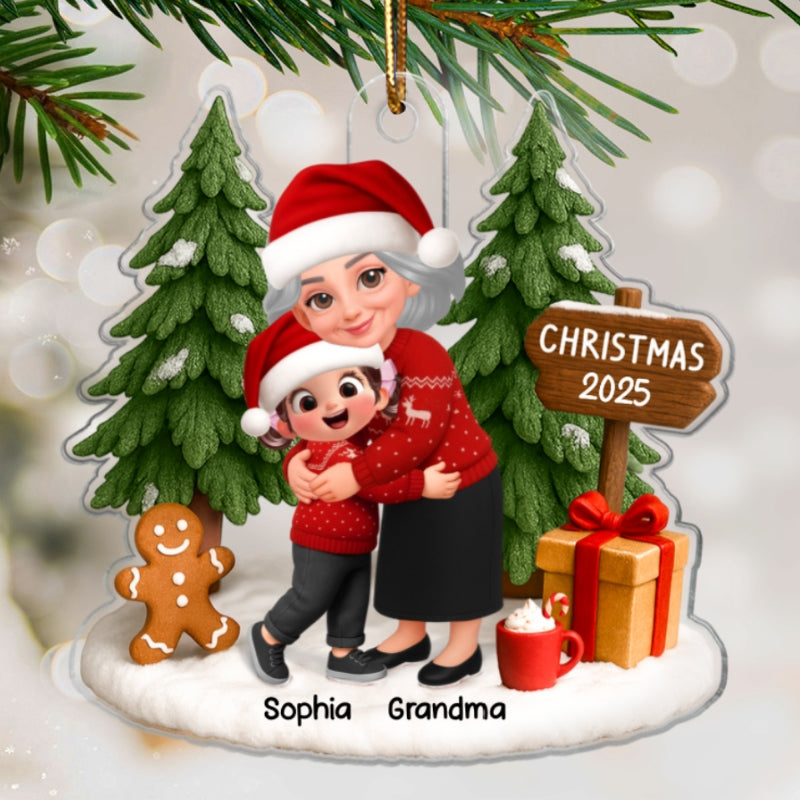 3D Effect Grandma Hugging Grandkid Festive Christmas - Personalized Acrylic Ornament - Gift For Grandkids