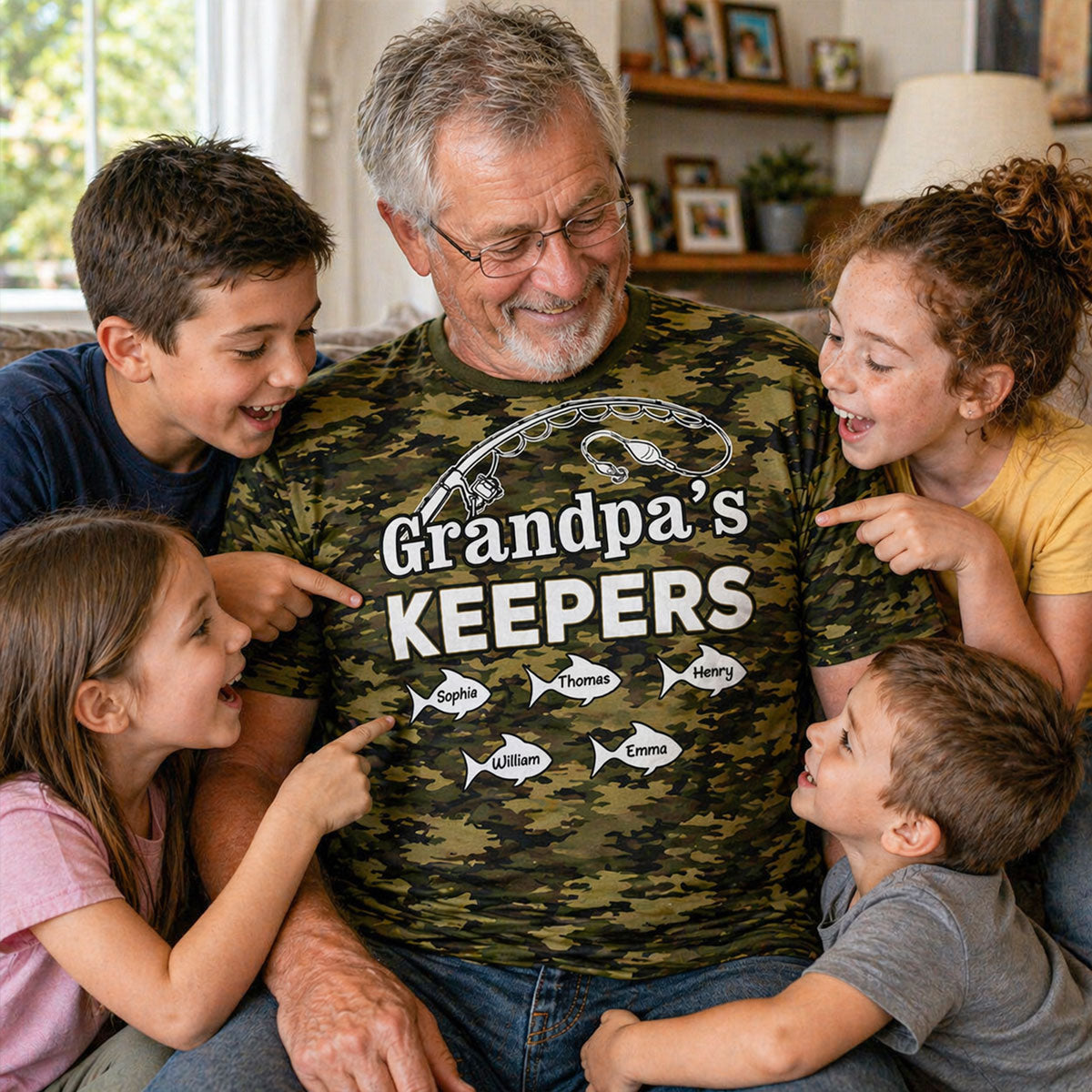 Grandpa's Keepers Kid Custom Name Camo Pattern - Personalized Shirt - Father's Day Gift For Fishing Grandpa, Dad, Husband