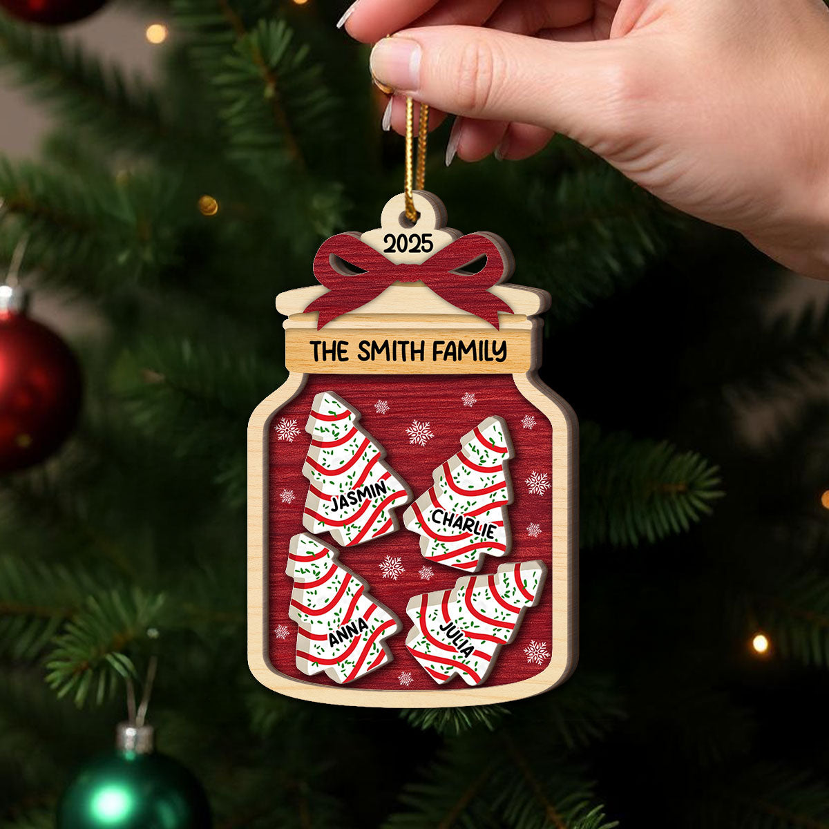 3D Effect Festive Christmas Family Mason Jar Christmas Tree Cakes - Personalized 2-Layered Wooden Ornament