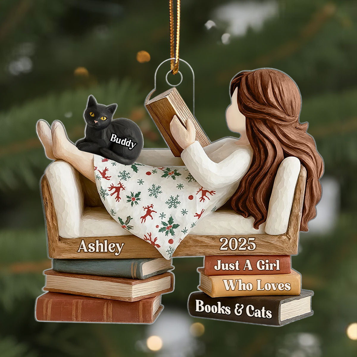 Just a Girl Who Loves Books & Cats - Personalized Acrylic Ornament - Christmas Gift for Cat Moms, Bookworms