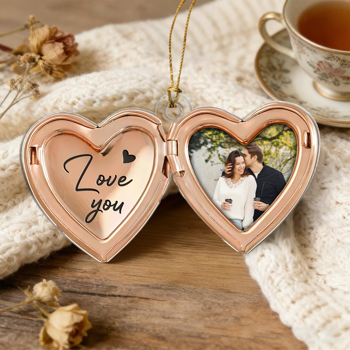 Couple Custom Photo Heart Locket Illustration 2D Flat - Personalized Acrylic Car Hanger Ornament - Gift For Her, Gift For Him