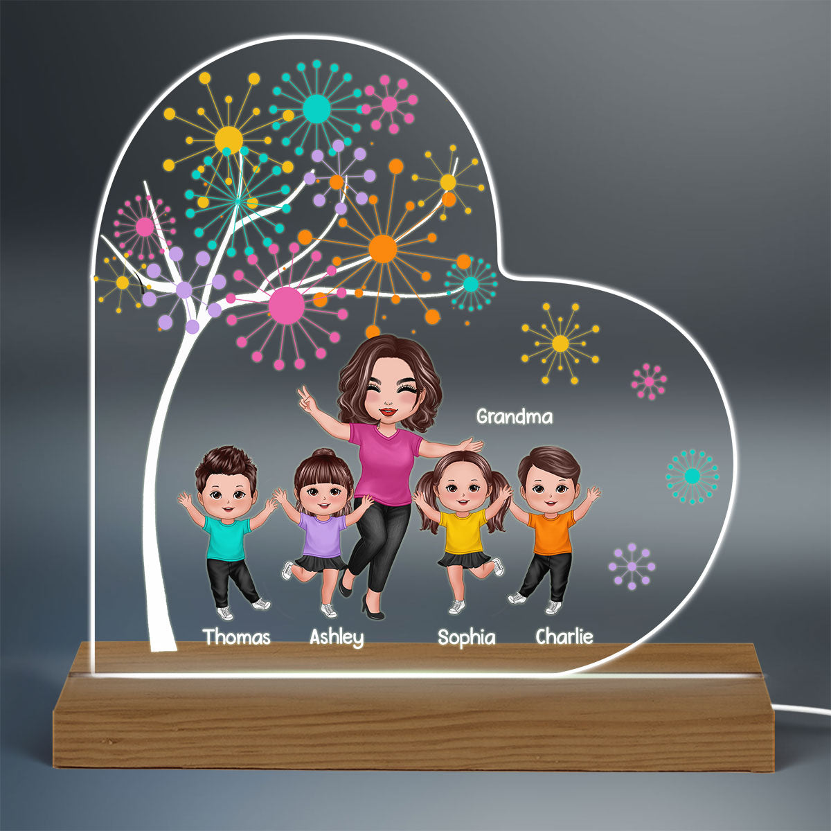 Happy Doll Grandma Kids Colorful Dot Tree Personalized Warm Acrylic Custom Shape LED Night Light