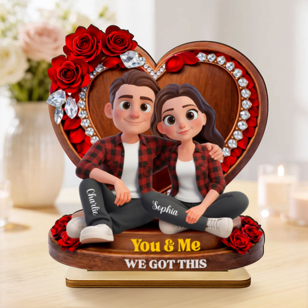 Couple Sitting Rose Heart - Personalized 2-Layered Wooden Plaque - Heartfelt Valentine's Day Gift for Her, for Him