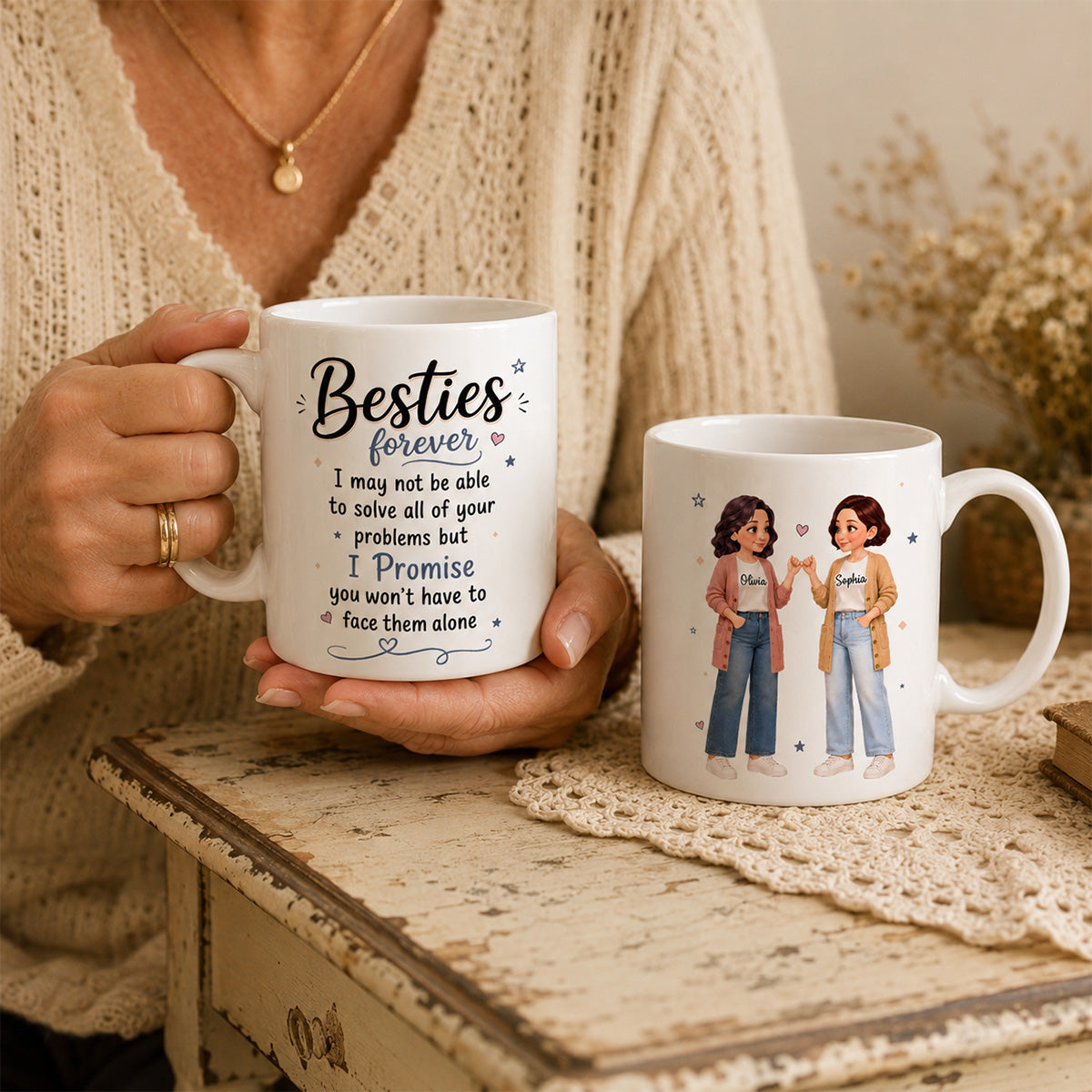 Pretty Besties Forever Pinky Promise Will Be Friends Until We Senile - Personalized Mug - Friendship Keepsake