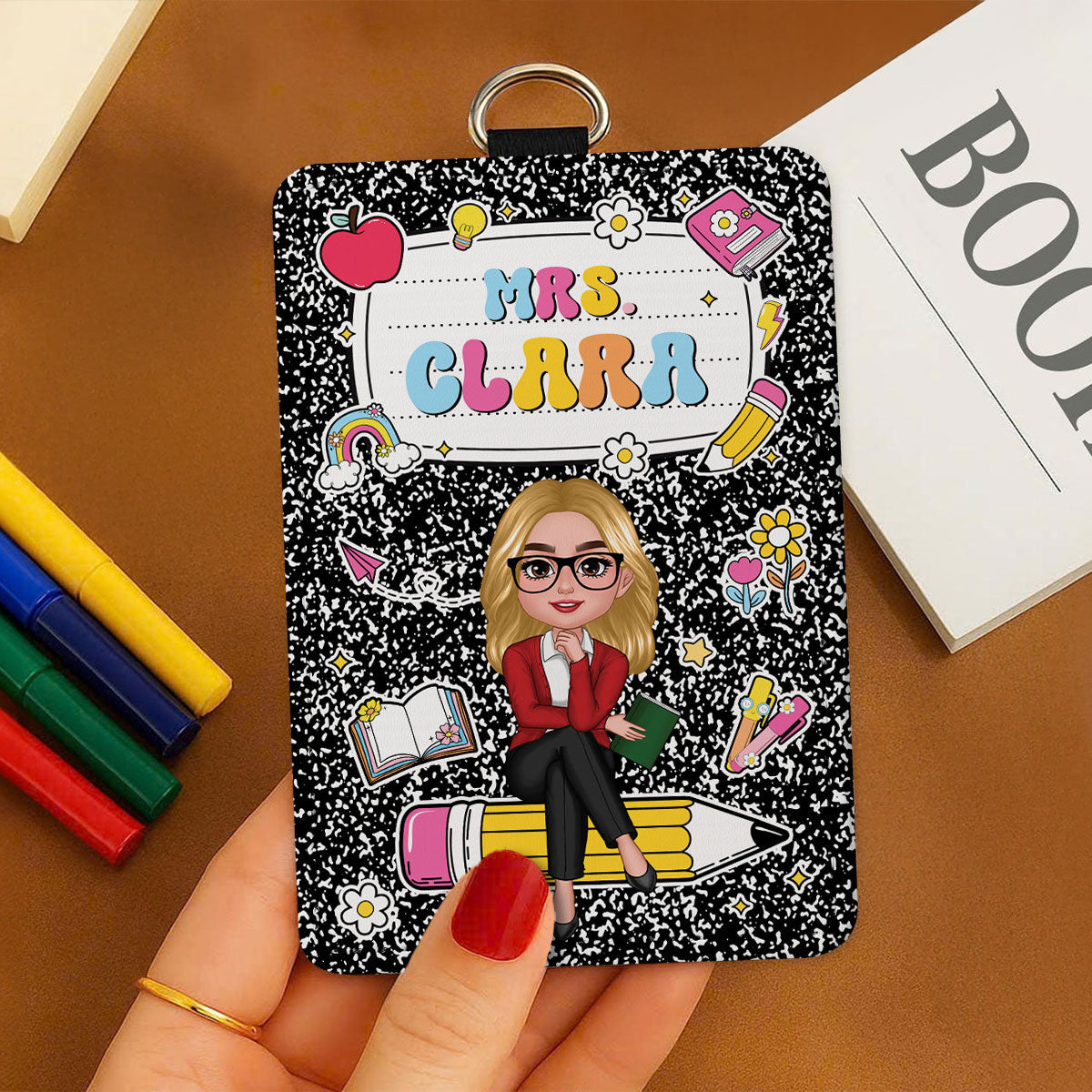 Composition Book Teacher Sitting On Pencil Name Personalized ID Badge Holder, Back To School Gift