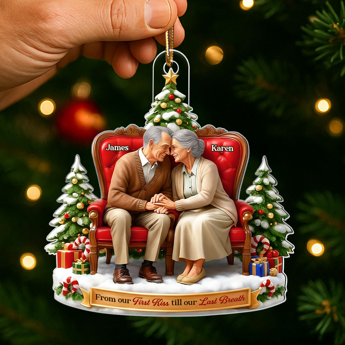 Old Couple Sitting Together from Our 1st Kiss til Our Last Breath - Personalized Acrylic Ornament - Christmas Gift for him, Gift for her