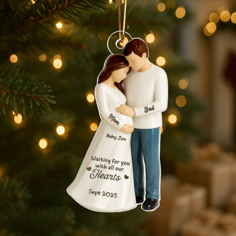 Waiting For You With All Our Hearts 3D Effect Couple Expecting Baby Personalized Flat Acrylic Ornament, Baby Shower Gift For Parents-to-be