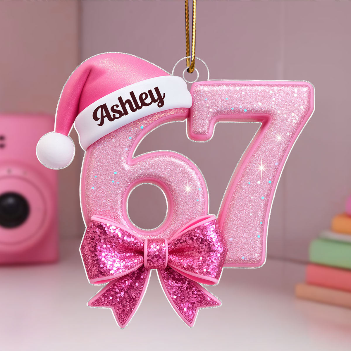 Custom 67 with Pink Croquette Bow - Personalzied Acrylic Ornament - Gift for Kid, Grandkids