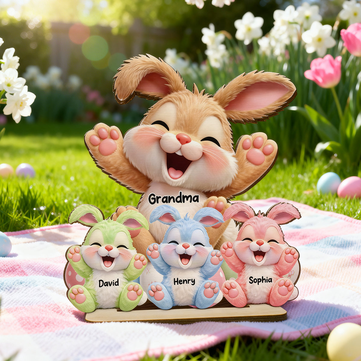 Grandma Bunny Easter Eggs - Personalized 2-Layered Wooden Plaque - Easter Decor for Grandma