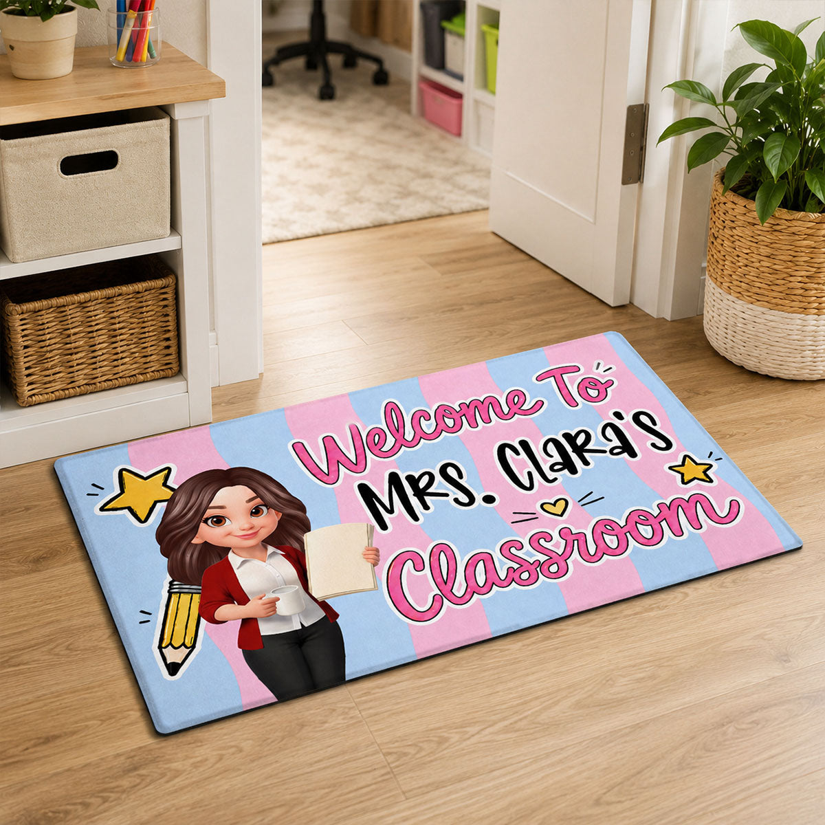 Striped Teacher Welcome To Classroom - Personalized Doormat - Back To School Gift, Classroom Decoration