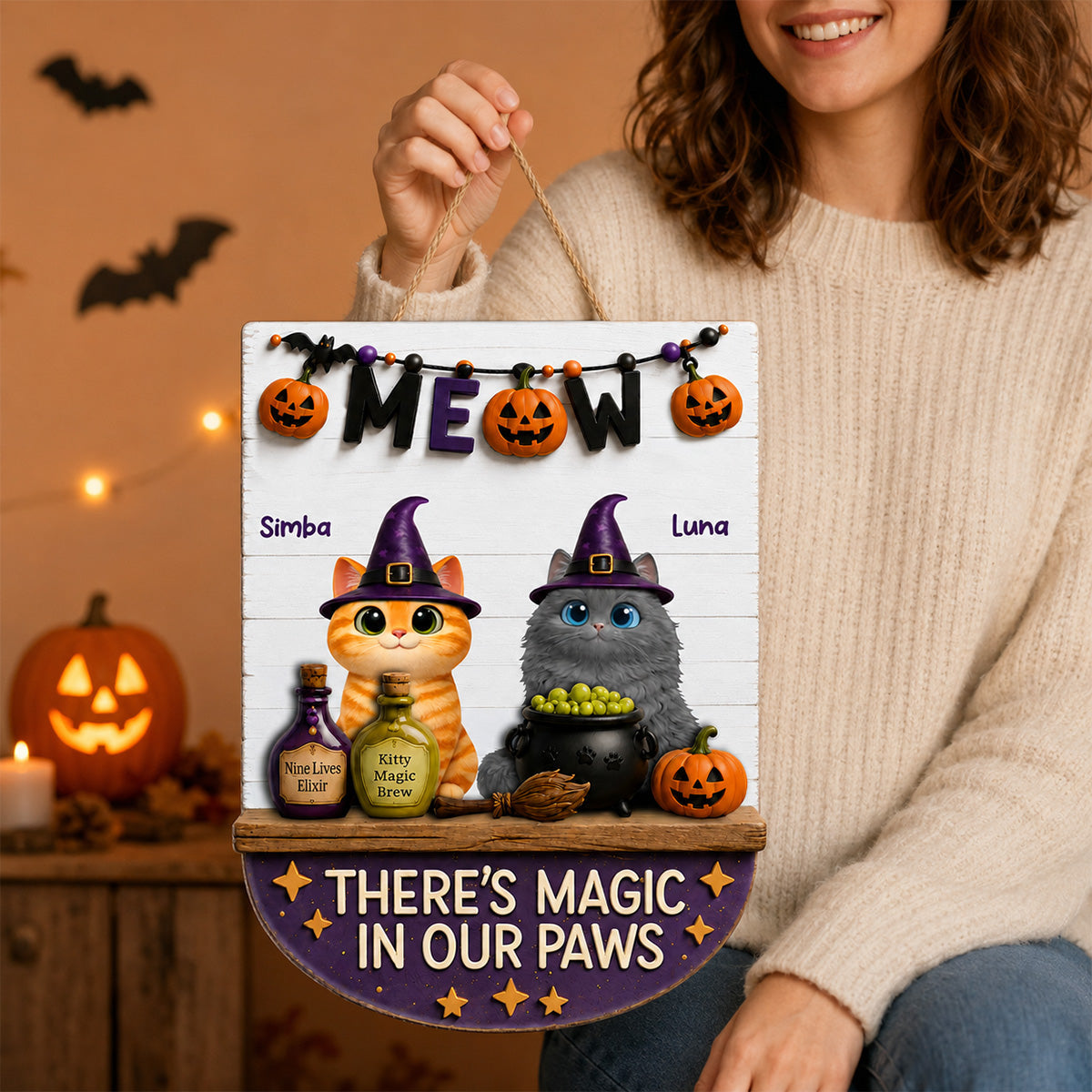 There's Magic In Cat Paws - Personalized Door Hanger - Halloween Decoration