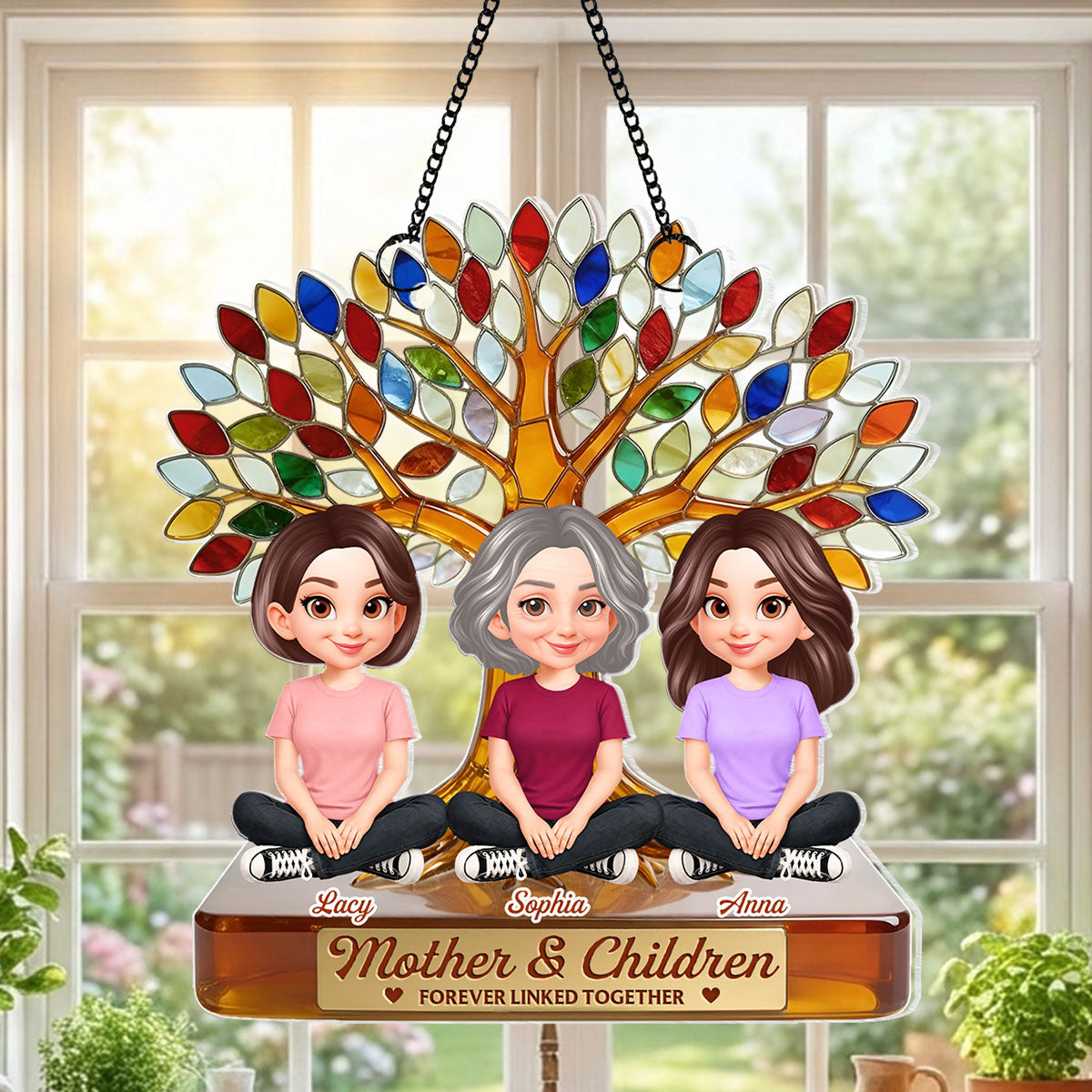 Mom And Son Daughter Under Colorful Tree Of Life - Personalized Suncatcher Ornament - Gift For Mom