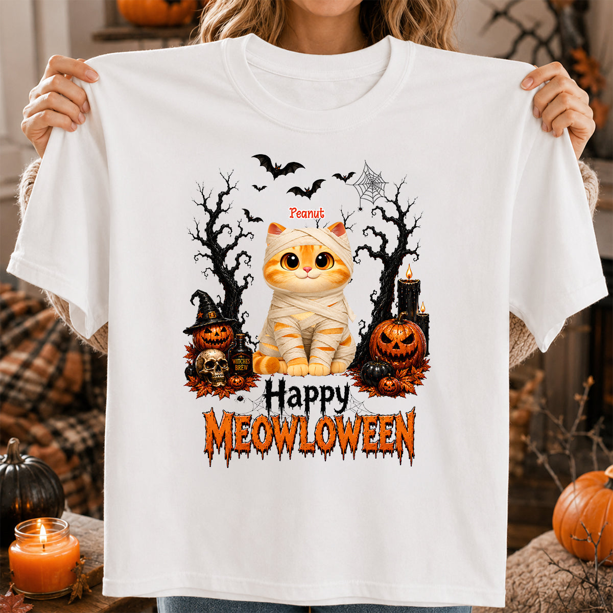 Happy Meowloween - Personalized Shirt - Trendy Halloween Tee for Cat Moms, Cat Lovers