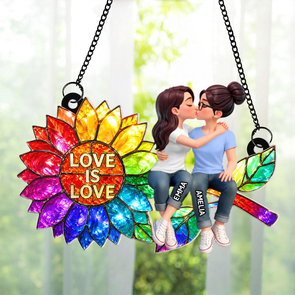 Sunflower Love is Love LGBT Couple - Personalized Suncatcher - Heartfelt Gift for Her, for Him