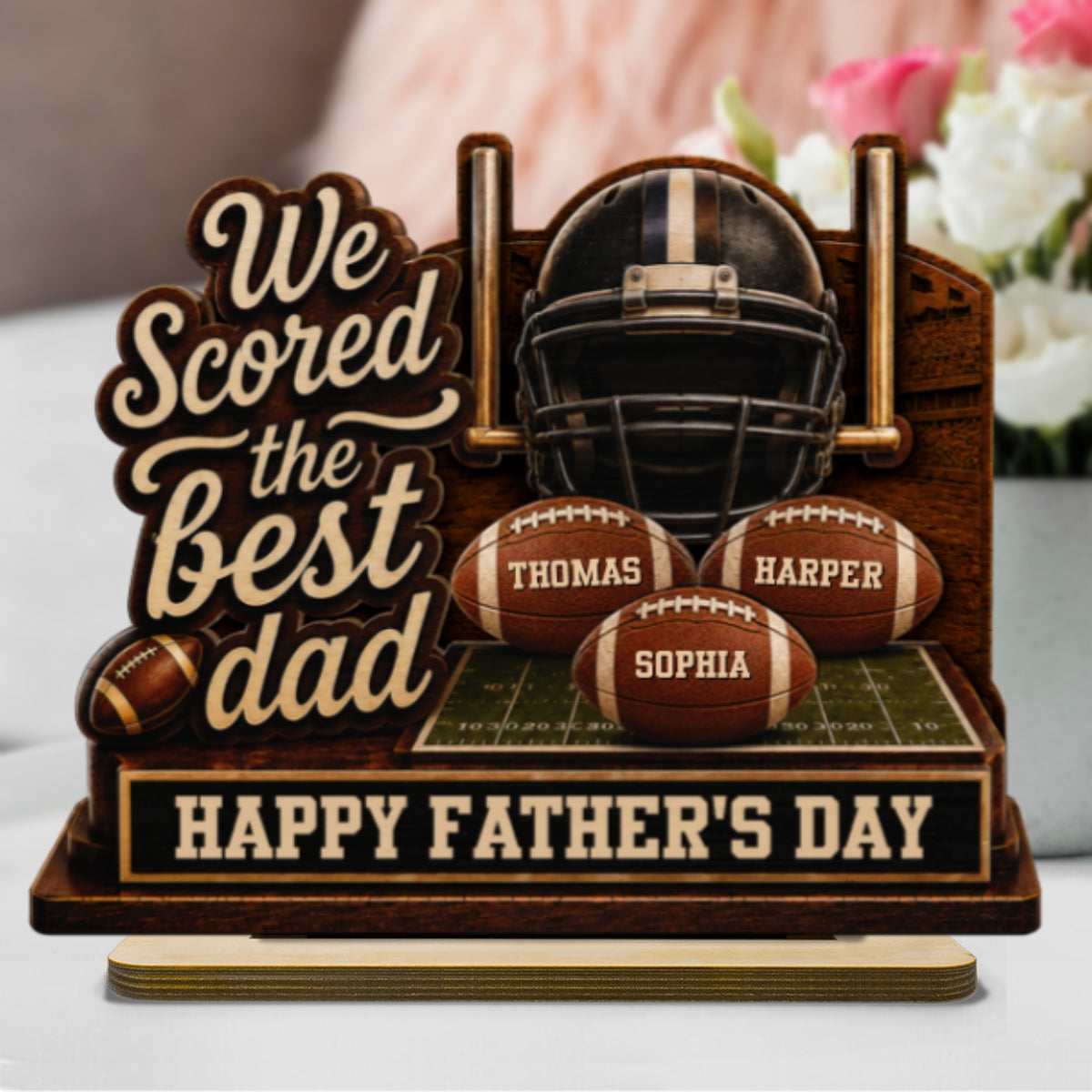 We Scored The Best American Football Dad Custom Name 2D Flat - Personalized 2-Layered Wooden Plaque -  Gift For Football Dad