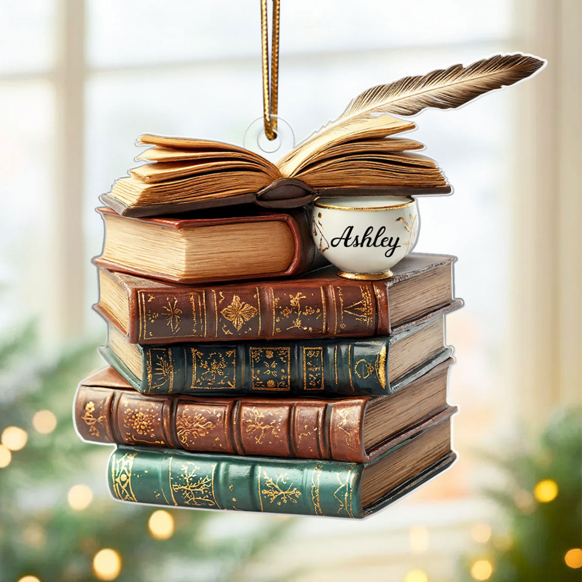 3D Effect Vintage Book Stack Light Bauble - Personalized Acrylic Ornament - Unique Christmas Gift For Book Lovers