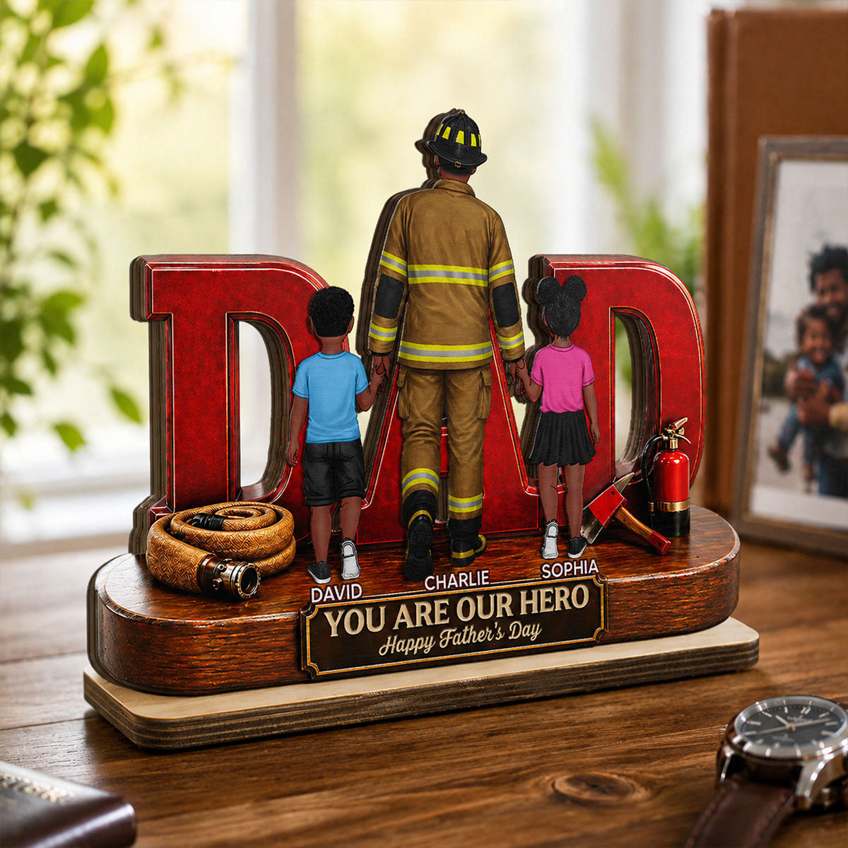 Proud Firefighter Dad You Are Our Hero - Personalized 2-Layered Wooden Plaque -  Gift For Dad