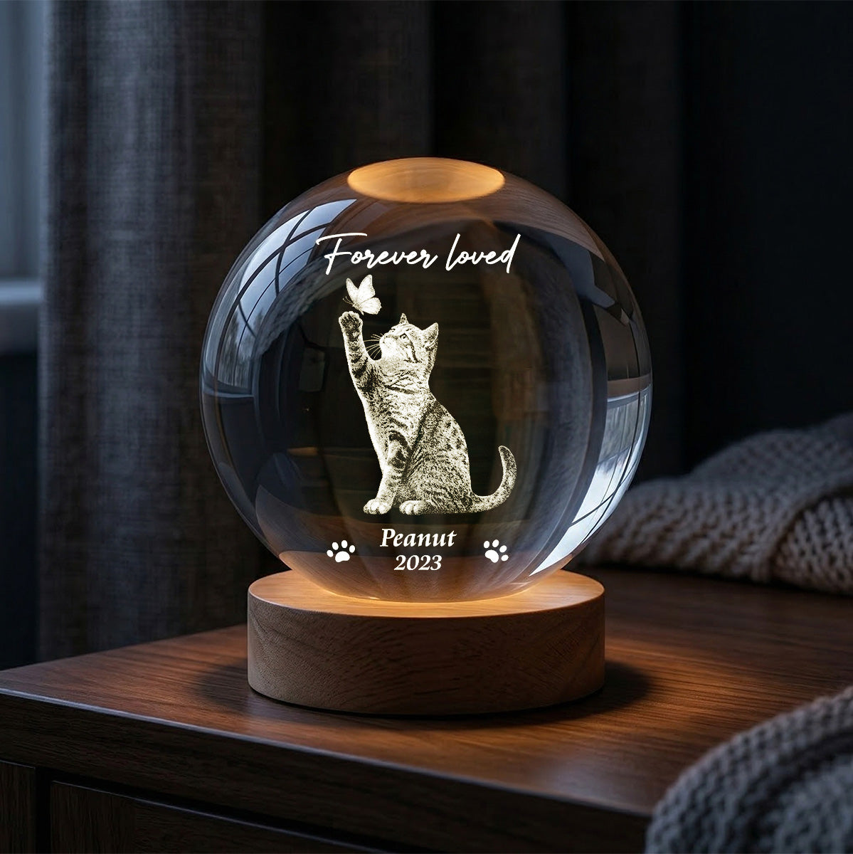 Forever In My Heart Memorial Cat Butterfly - Personalized Crystal Ball LED Night Light - Sympathy Gift For Cat Lovers