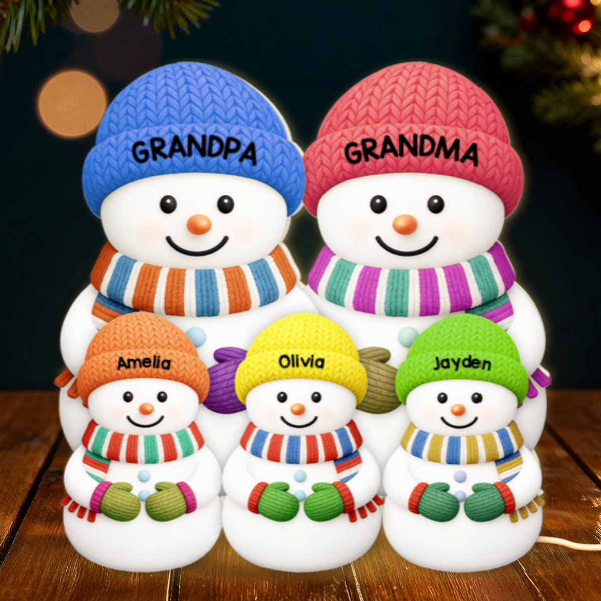 Heartwarming Christmas Grandma Grandpa Grandkids Snowman Together - Personalized Light Box
