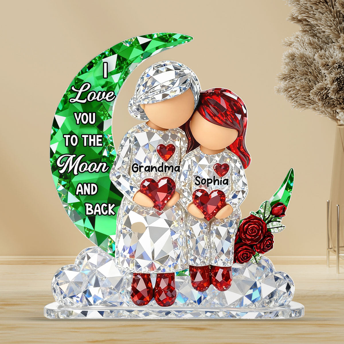 3D Crystal Effect Grandma Grandpa Grandkid Sitting on Moon - Personalized Acrylic Block Plaque - Heartfelt Home Decor for Grandma