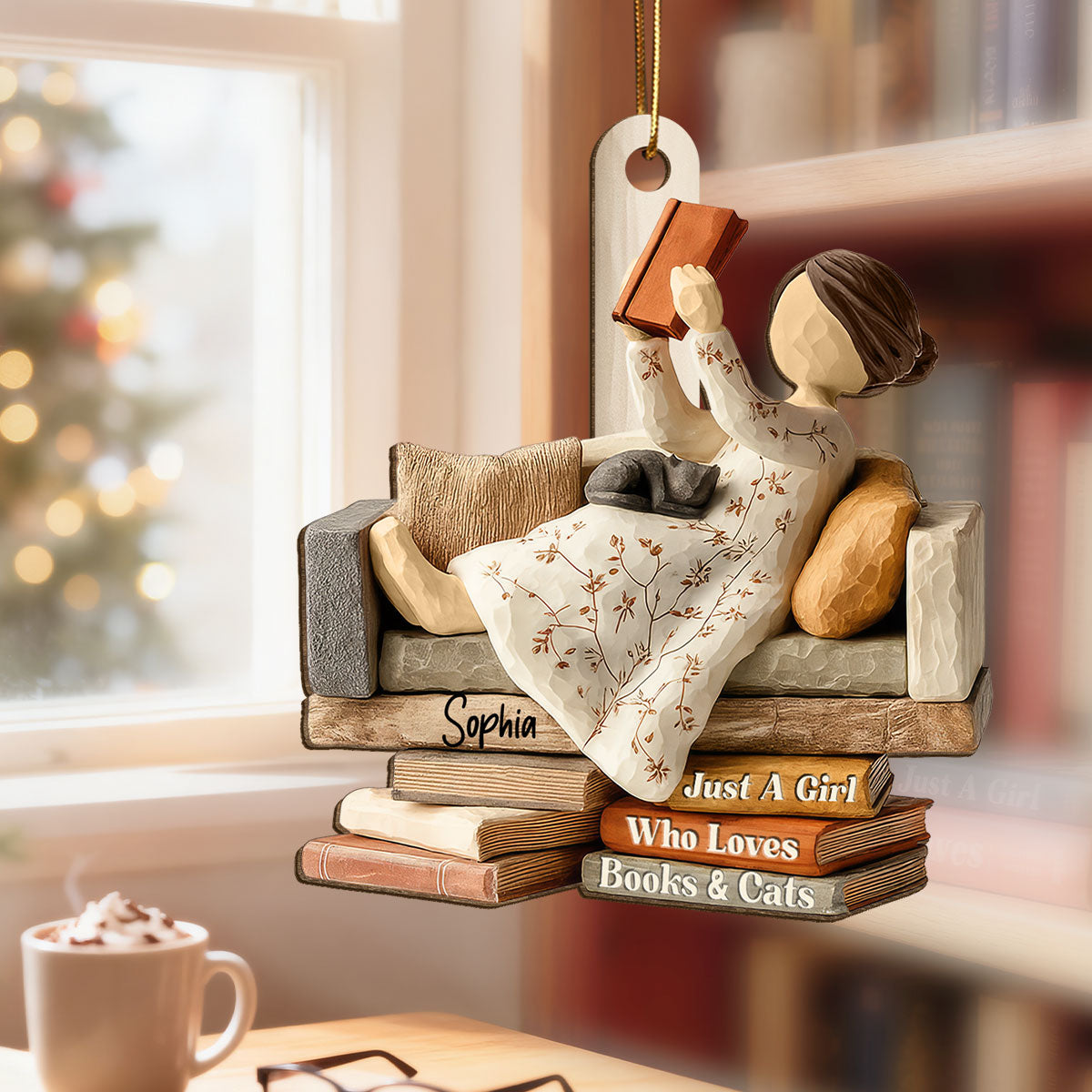 Life Is Better With Books & Cats 3D Effect - Personalized Wooden Ornament - Christmas Gift For Book Lover, Bookworm