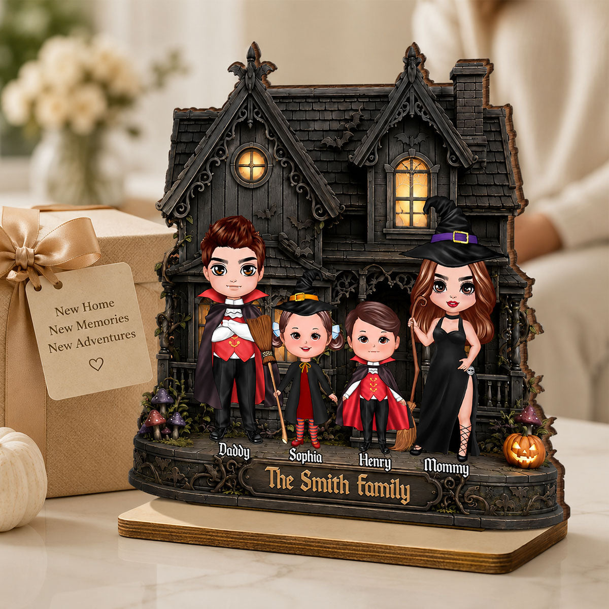 Family Haunted House - Personalized 2-Layered Wooden Plaque - Halloween Spooky Gothic Home Decor