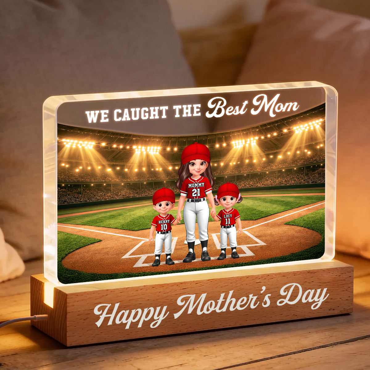 We Caught The Best Baseball Mom - Personalized Acrylic Block LED Night Light - Mother's Day Gift For Baseball Mom, Wife