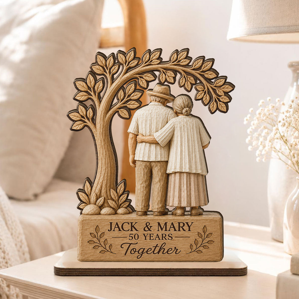 Rustic Old Couple Walking Anniversary Gift - Personalized 2-Layered Wooden Plaque - Wedding Year Decor