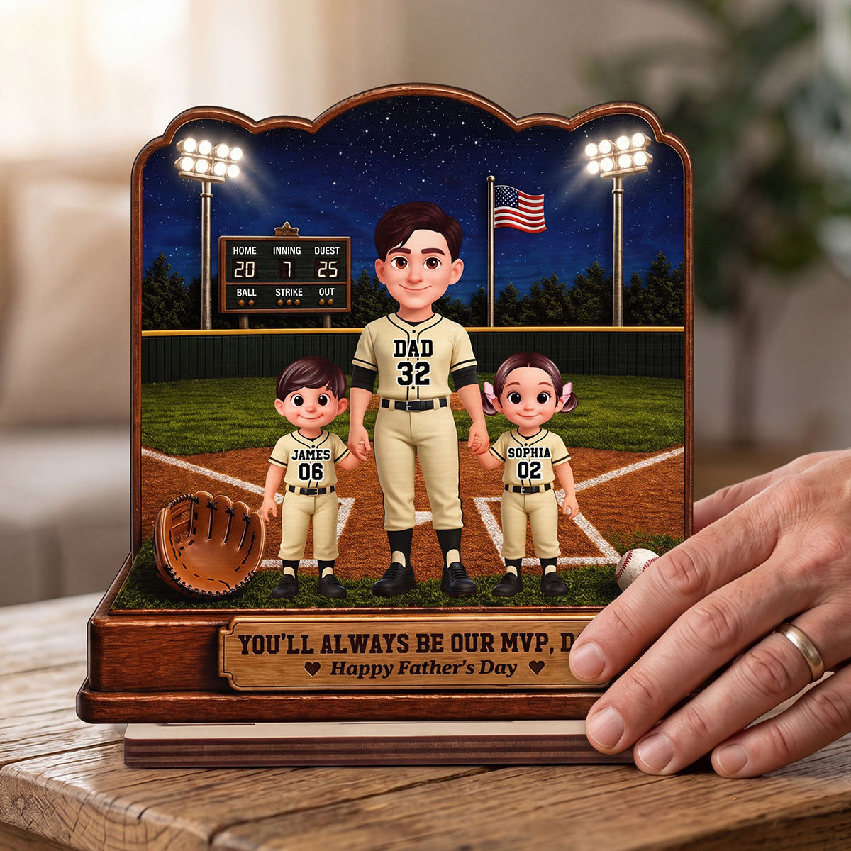 Baseball Dad And Kids Friday Night Lights We Caught The Best Dad - Personalized 2-Layered Wooden Plaque -  Gift For Dad