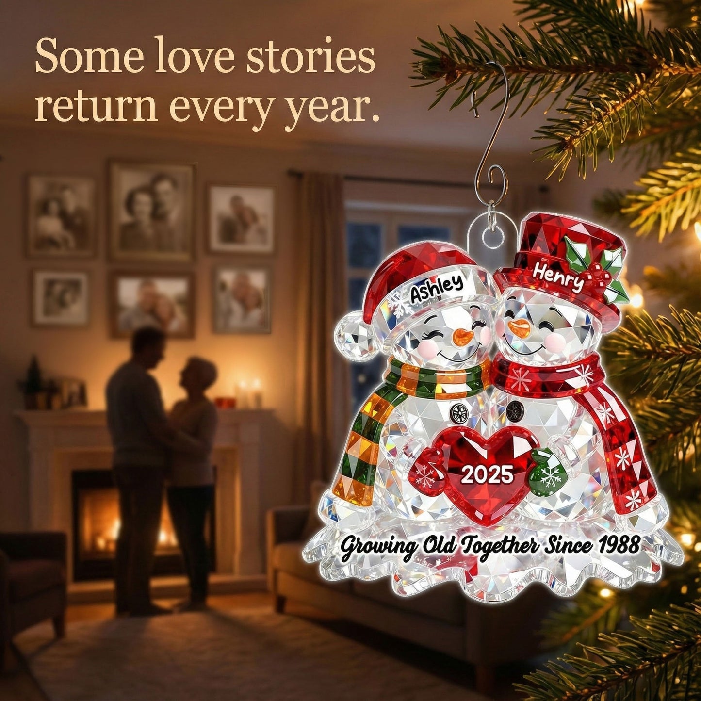 Snowman Couple 3D Crystal Effect - Personalized Acrylic Ornament - Christmas Gift for Couple