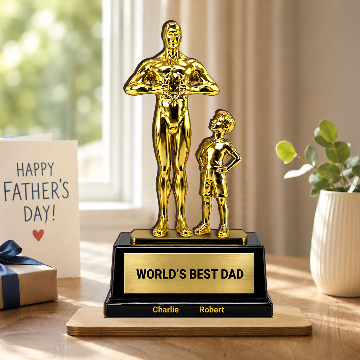 World's Best Dad Trophy - Personalized 2-Layered Wooden Plaque -  Gift for Dad, Husband