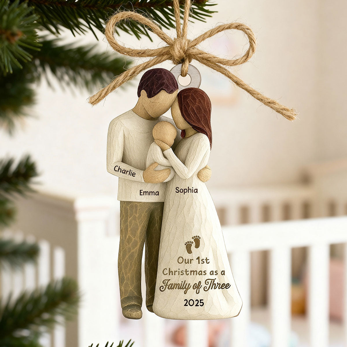 3D Effect First Christmas As Family Of Three Mom Dad & Baby - Personalized Car Hanger