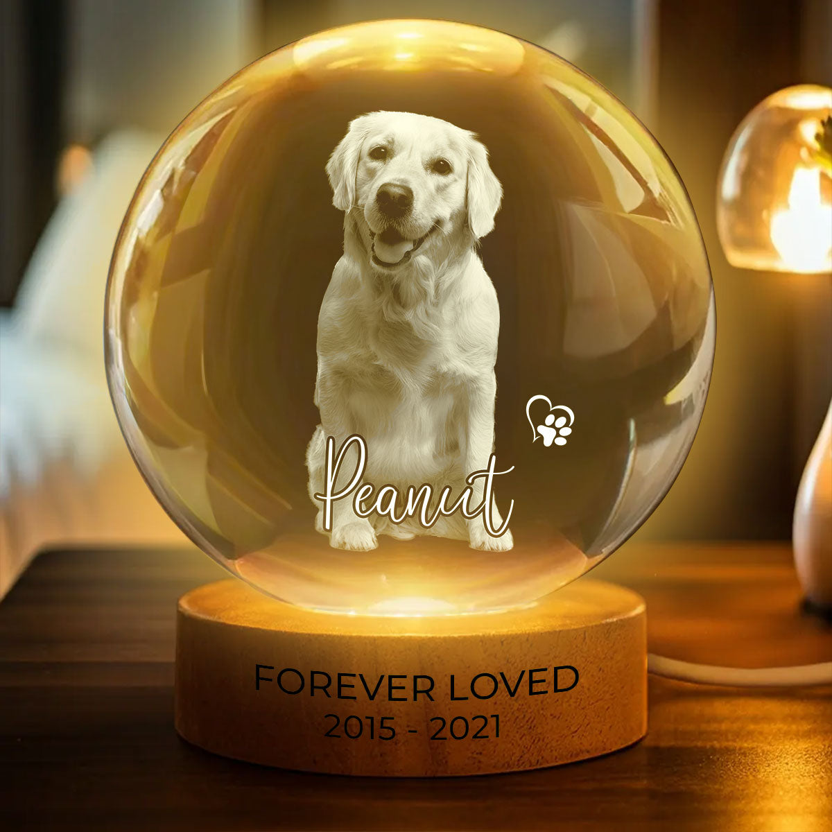 Custom Pet Photo Portrait Memorial - Personalized Crystal Ball LED Night Light - Heartfelt Gift for Pet Lovers, Pet Remembrance