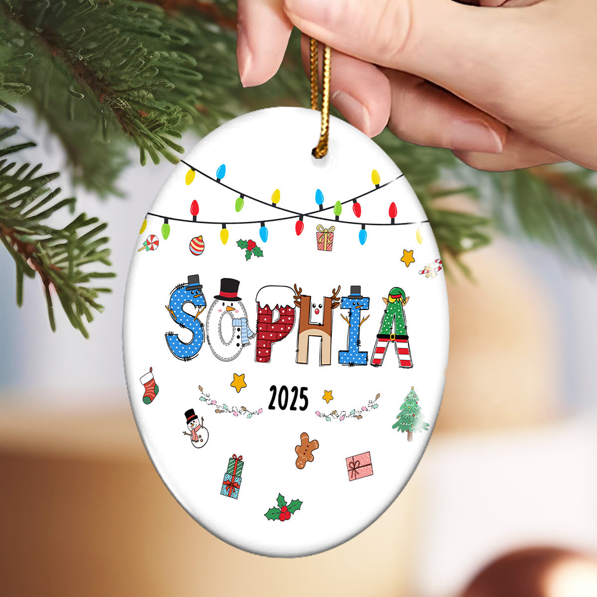 Christmas Theme Kid Name Christmas - Personalized Ceramic Ornament - Gift For Grandchildren, Boy, Girl
