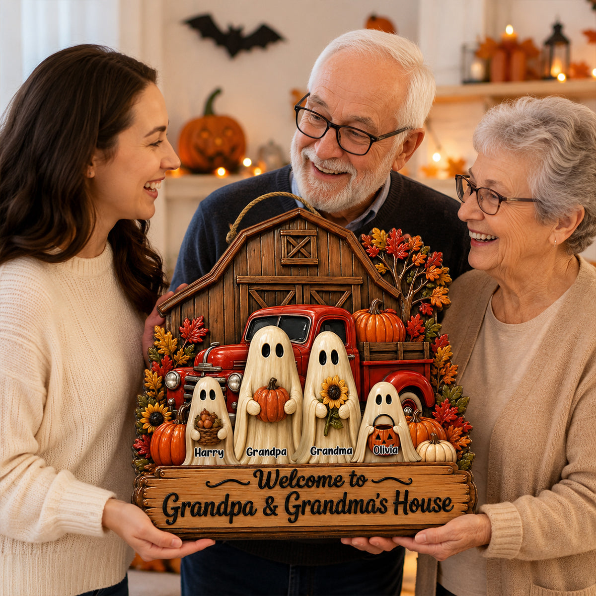 Welcome To Grandpa Grandma Ghost Farmhouse - Personalized Wood Sign - Halloween Decor Gift, Gift For Grandma Grandpa