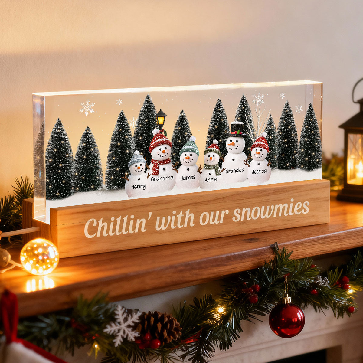 3D Effect Snowman Family Grandparents In Christmas Scene - Personalized Acrylic Block LED Night Light - Christmas Decor For Grandma, Family