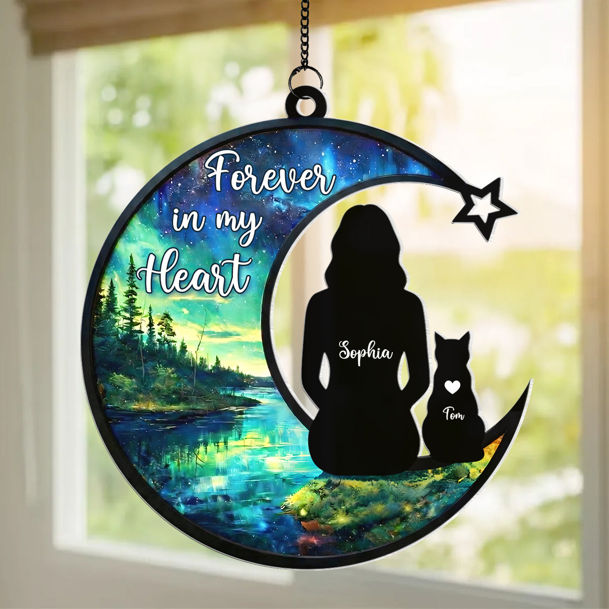 Cat Memorial Forever In My Heart - Personalized Stained Glass Suncatcher Ornament - Gift For Cat Lovers, Cat Mom